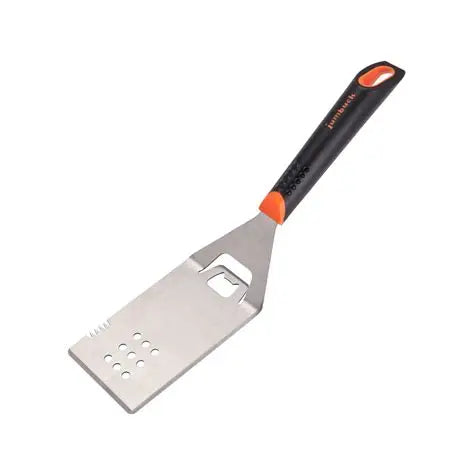 Metal spatula with black and orange handle on a white background
