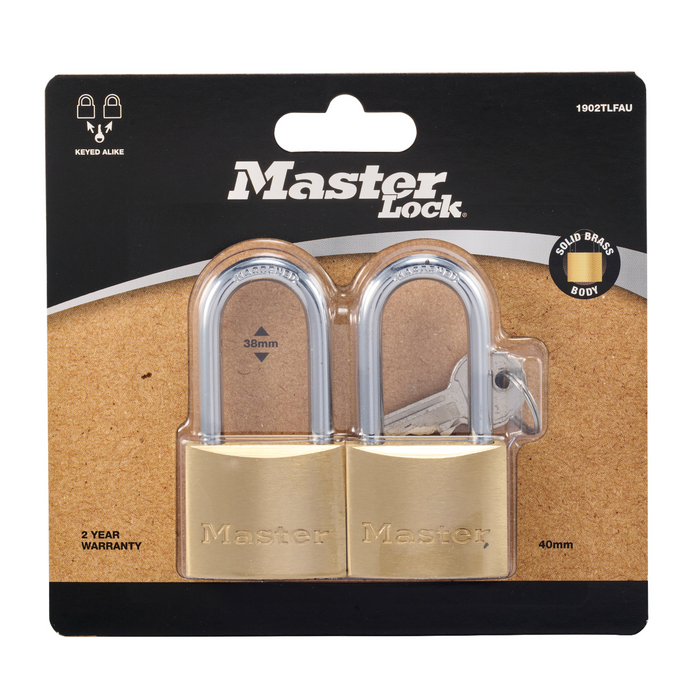 PADLOCK 2PK MASTERLOCK 40MM LONG SHACKLE